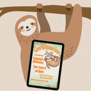 Convite Vamos nos Divertir Aniversário de Sloth Kawaii
