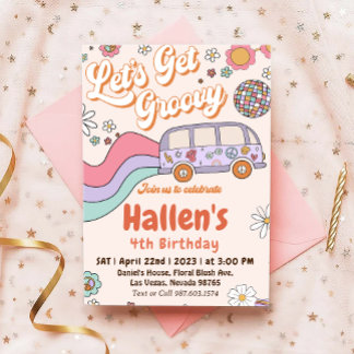 Convite Vamos Obter Groovy Retro Boho Daisy Rainbow Aniver