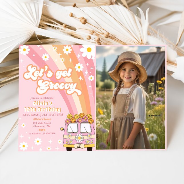 Convite Vamos Obter Groovy Retro Rainbow 10º Aniversário F (Criador carregado)