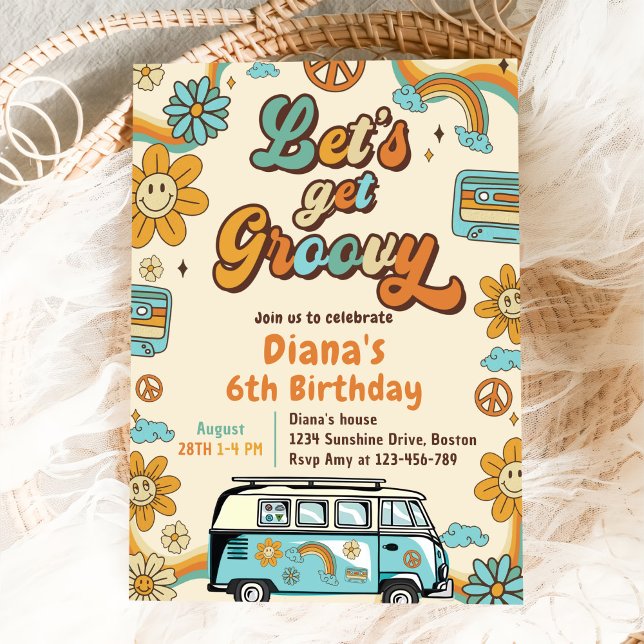 Convite Vamos Obter Groovy Retro Rainbow 6 Aniversário (Criador carregado)