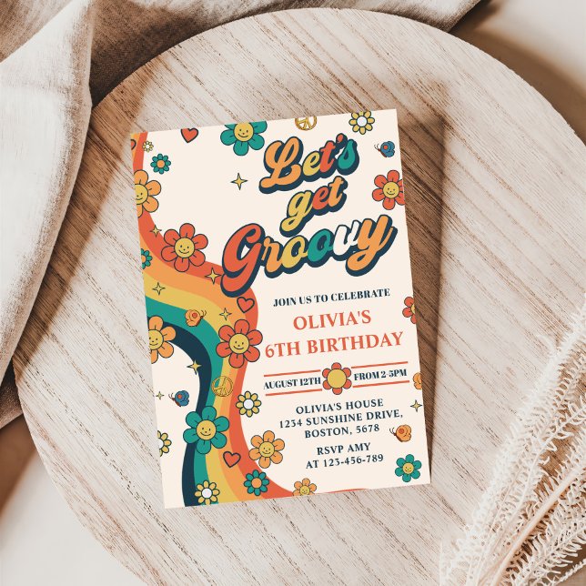 Convite Vamos Obter Groovy Retro Rainbow 6 Aniversário (Criador carregado)