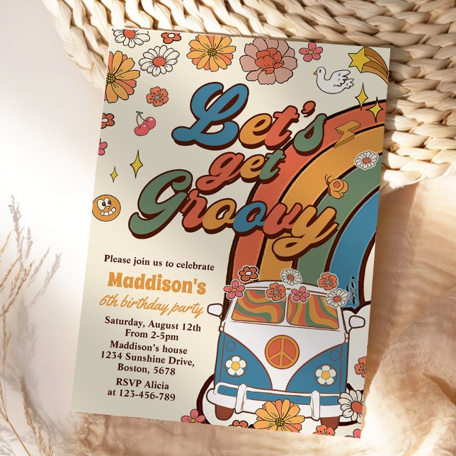 Convite Vamos Obter Groovy Retro Rainbow 6 Aniversário (Criador carregado)