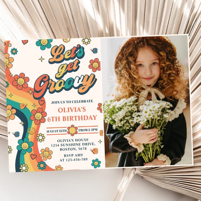 Convite Vamos Obter Groovy Retro Rainbow 6 Foto de Anivers (Criador carregado)