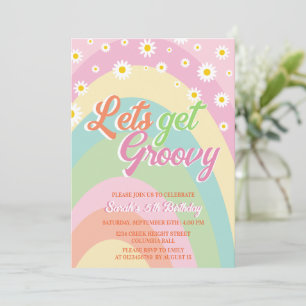 Convite Vamos Obter Groovy Retro Rainbow Floral 5 Aniversá
