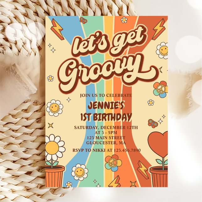 Convite Vamos Obter o Groovy Retro Festa do primeiro anive (Criador carregado)