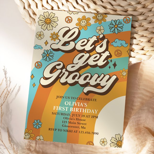 Convite Vamos Obter o Groovy Retro Festa do primeiro anive (Criador carregado)