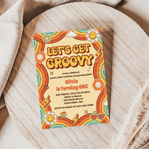 Convite Vamos Obter o Groovy Retro Festa do primeiro anive