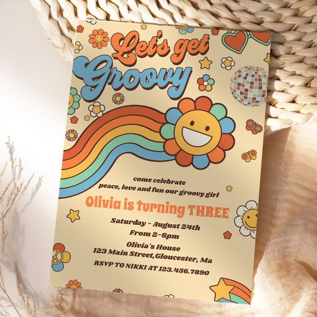 Convite Vamos Obter o Groovy Retro Rainbow aniversário de  (Criador carregado)