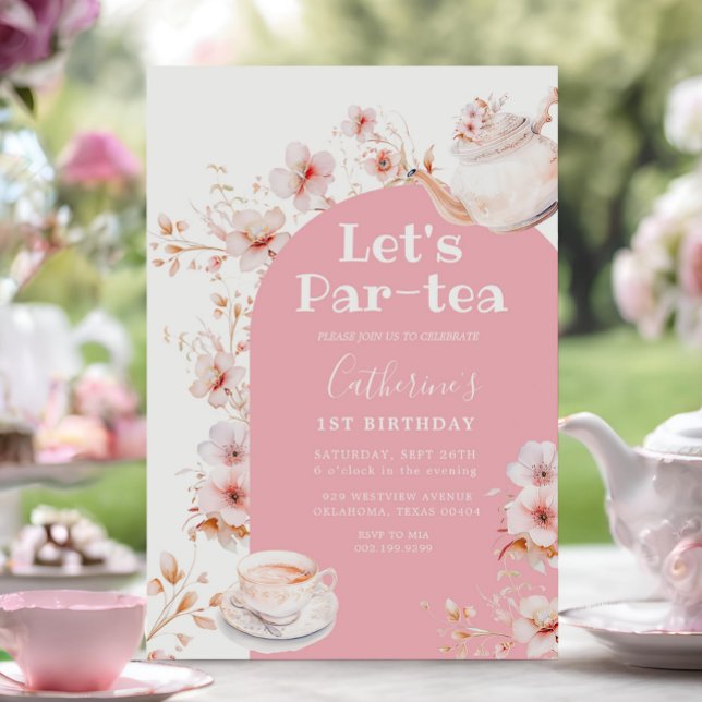 Convite Vamos Par-tea Rosa Boho Floral Birthday Tea Party (Criador carregado)