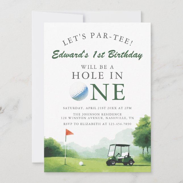 Convite Vamos Par-Tee Buggy de Golfe Diversão 1º Aniversár (Frente)