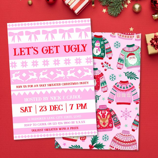 Convite Vamos Passa Frio Natal Suado Rosa e Vermelho (Let's Get Ugly Christmas Ugly Sweater Pink & Red Invitation)