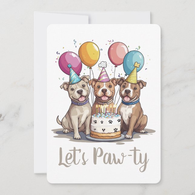 Convite Vamos Pawty Birthday Pit Bull Cães (Frente)