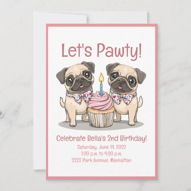Convite Vamos Pawty Birthday Pug Cupcake (Frente)