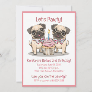 Convite Vamos Pawty Birthday Pug Cupcake