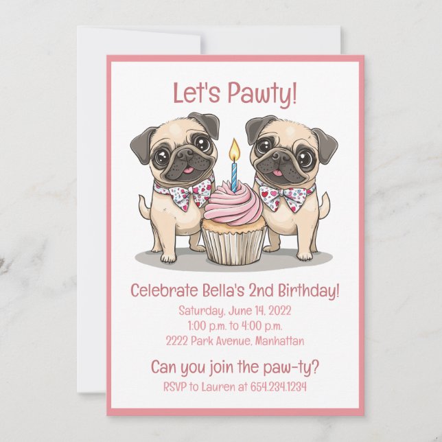 Convite Vamos Pawty Birthday Pug Cupcake (Frente)