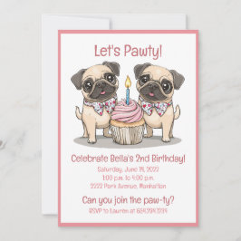 Convite Vamos Pawty Birthday Pug Cupcake