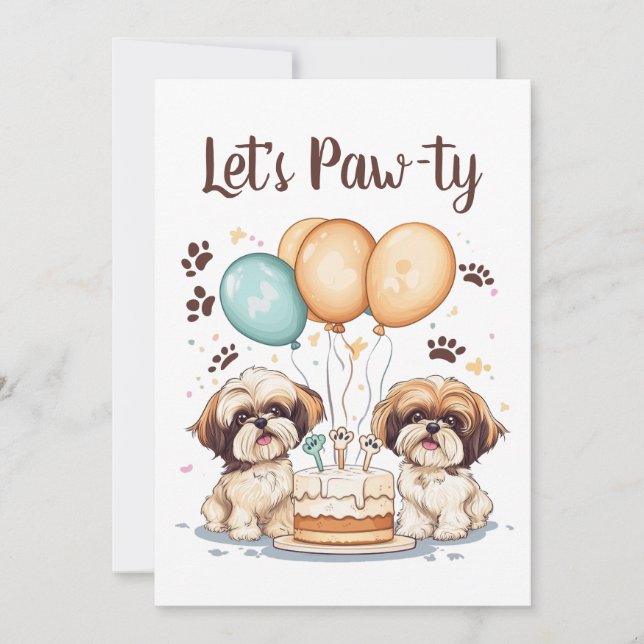 Convite Vamos Pawty Birthday Shih Tzu Dogs Birthday Cake (Frente)