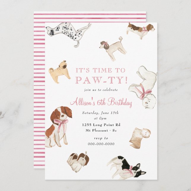 Convite Vamos Pó-de-Cão Menina Rosa Festa de aniversário  (Frente/Verso)