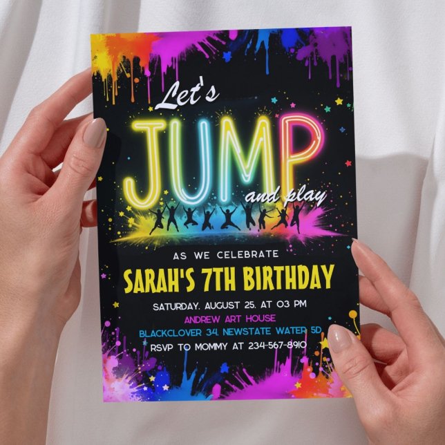Convite Vamos pular o Partido - Neon Splash Birthday (Let’s Jump Party – Neon Splash Birthday Invitation)