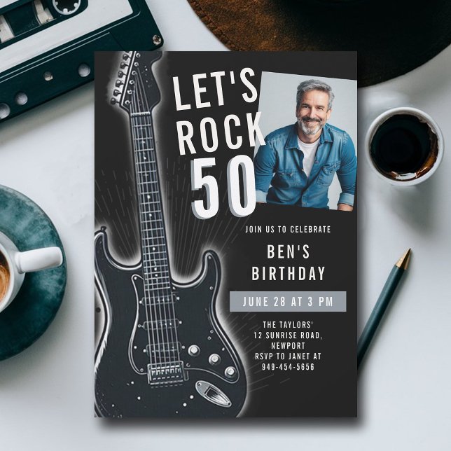 Convite Vamos Rock Electric Guitar Men 50th Birthday Photo (music fest rock 50th birthday party photo invitation men modern classy fun black white guitar)