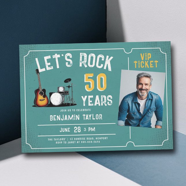 Convite Vamos Rock Fest Teal Men 50ª Foto de Aniversário (music fest rock ticket 50th birthday party invitation men fun blue teal orange)
