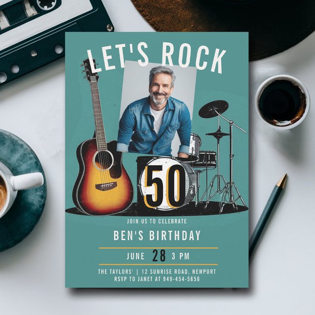 Convite Vamos Rock Guitar Drums Men 50th Birthday Photo (music fest rock ticket 50th birthday party photo invitation men modern classy fun blue teal orange)