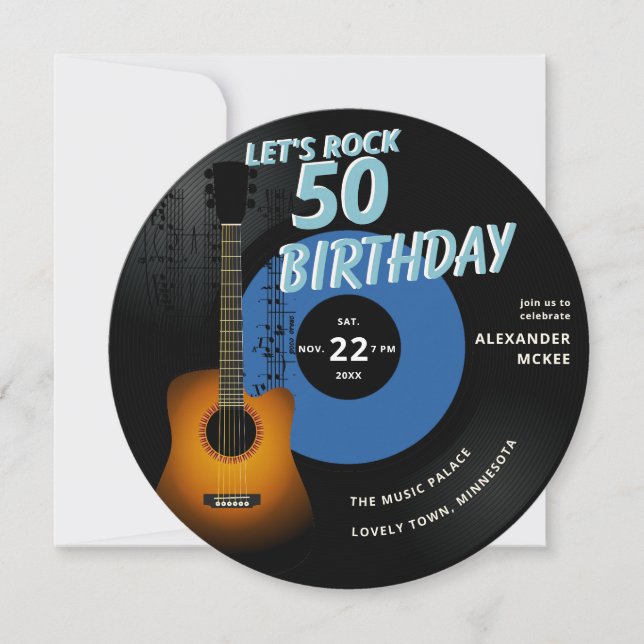 Convite Vamos Rock Guitar Music Notes Blue 50th Birthday (Frente)