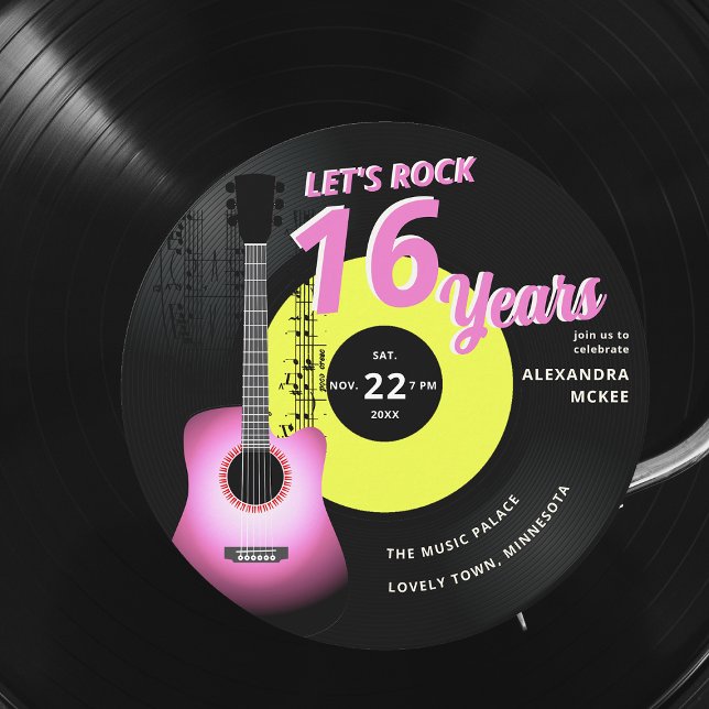 Convite Vamos Rock Hot Pink Yellow Guitar Music Sweet 16 (sweet 16 rock music vintage record neon pink yellow girls invitation guitar musician partition notes)