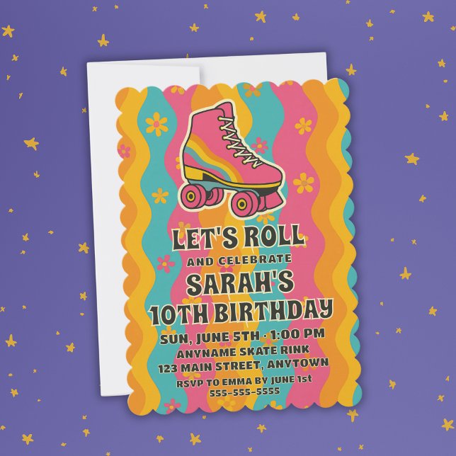 Convite Vamos Rolar Festa de Aniversário Retro de Patins d (Let's Roll Retro Roller Skate Girl Birthday Party Invitation
)