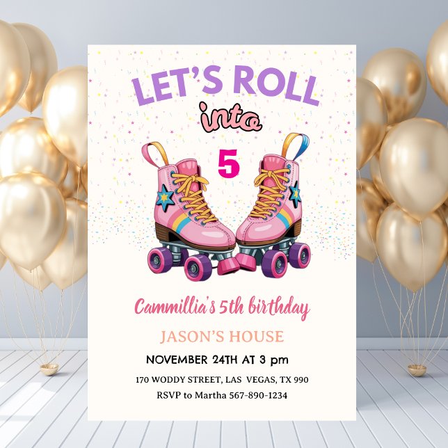 Convite Vamos Rolar para os 5 Anos de Idade  (Let's Roll into 5 Retro Roller Skate Birthday Invitation
)