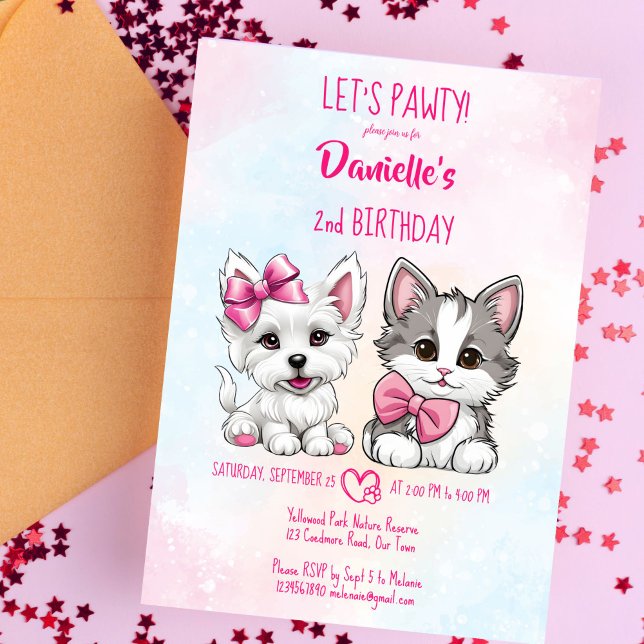 Convite Vamos rosado fofinho fofinho fofo e gatinho aniver (Let's pawty pink cute puppy and kitty birthday party invitation template digital download cats dogs)