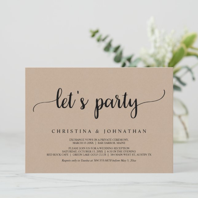 Convite Vamos, Rustic Brown Kraft Elopement Party (Em pé/Frente)