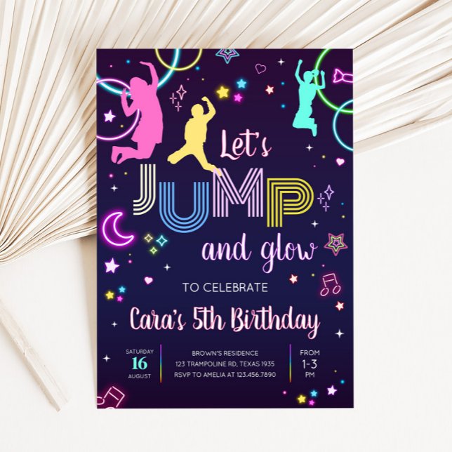 Convite Vamos salta e Festa de aniversário brilhante (Let's Jump and Glow Birthday Party Invitation )