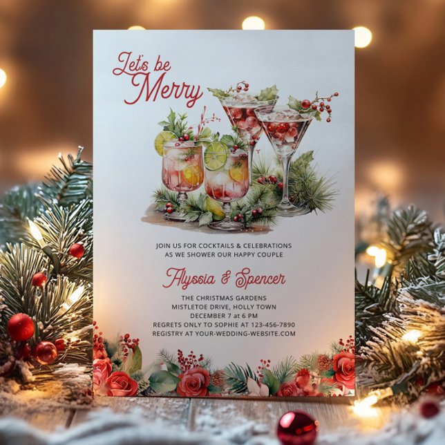 Convite Vamos Ser Alegres Coquetéis de Natal Chá de Noiva (Cocktail themed, Let's Get Merry Couple Wedding Shower Invitation by Darling & May)