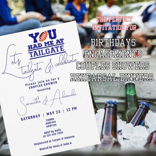 Convite Vamos Tailgate Celebra o Chá Casal Azul Bridal (Let's Tailgate Celebrate Navy Blue invite for Bridal or Couple Showers, birthdays, rehearsal dinners)