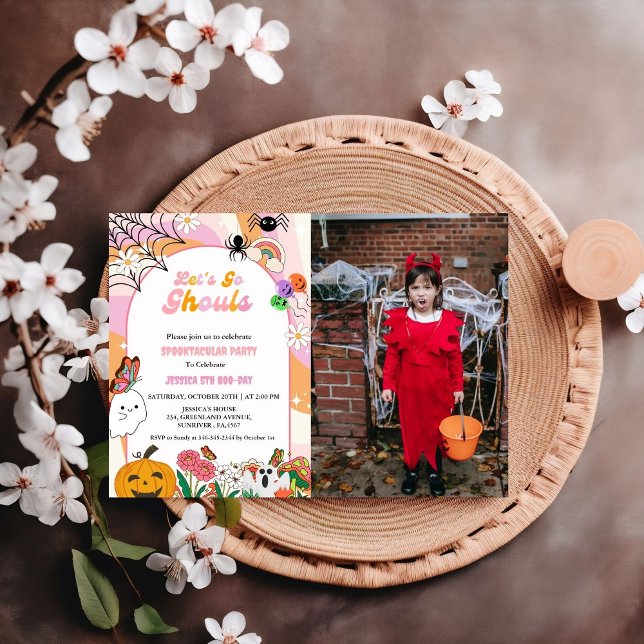Convite Vamos Vai Ghouls Halloween Retro Groovy Aniversári (Criador carregado)