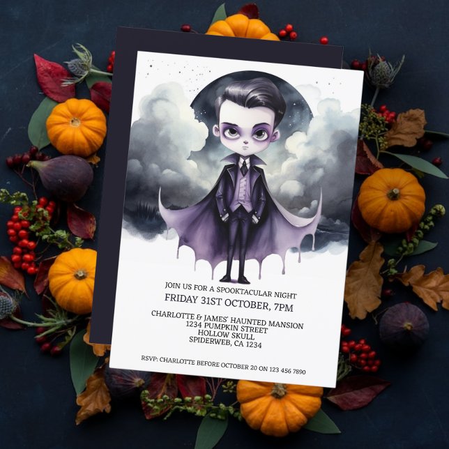 Convite Vampiro bonitinho de Halloween debaixo de lua chei (Halloween Cute Vampire Under a Full Moon Invitations from Ricaso. Halloween Party invites)