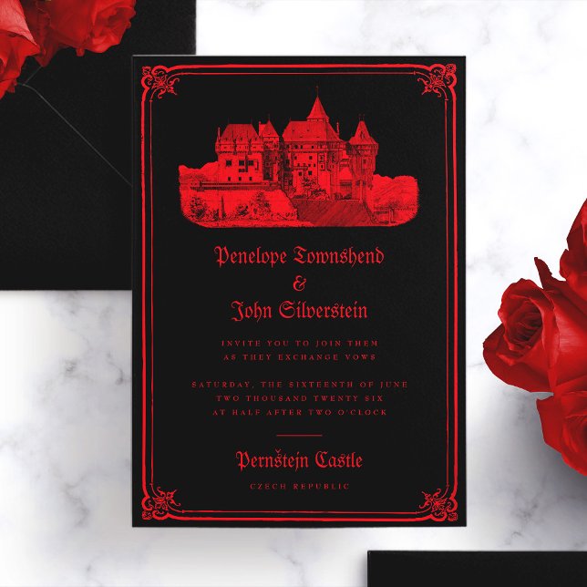 Convite Vampiro Gótico Fronteira do Castelo Negro Casament (Gothic Vampire Castle Border Black Red Wedding Invitation)
