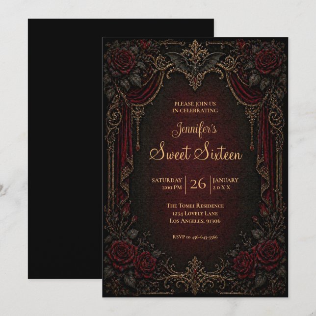 Convite Vampiro Vintage Gótico Sweet 16 (Frente/Verso)