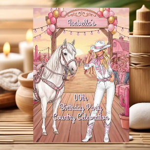 Convite Vaqueira Cavalo Rosa Branco Rancho Festa de Aniver