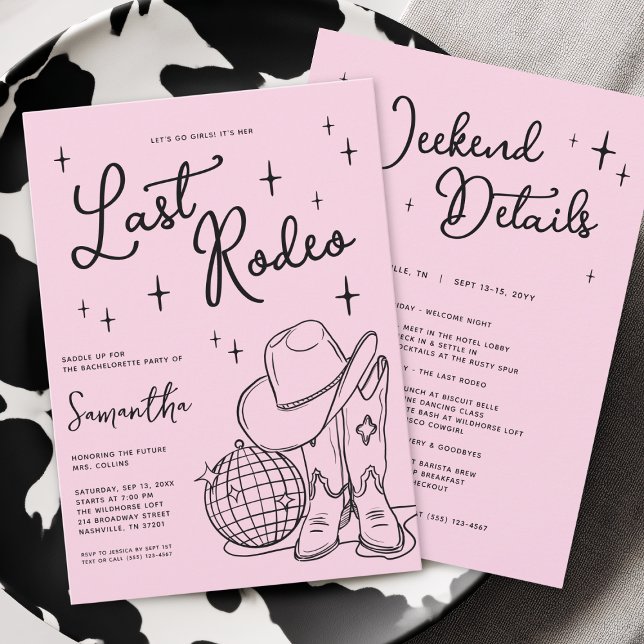 Convite Vaqueira Rosa Disco Último Rodeio Festa de Despedi (Pink Cowgirl Disco Last Rodeo Bachelorette Party Invitation)