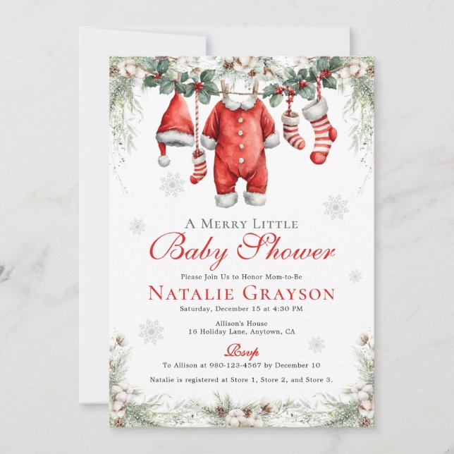 Convite Varal de Roupas de Papai Noel para Chás de Bebê Al (Frente)