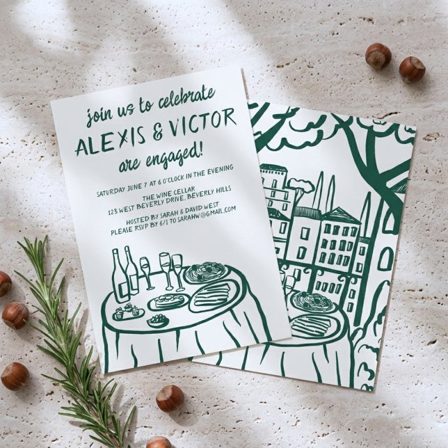 Convite Varanda de Jantar Caprichosa Festa de Engajamento  (Whimsical Buffet Table Balcony Dinner Hand-drawn Custom Engagement Party Invitation
)