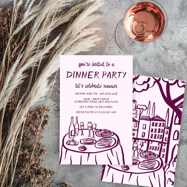 Convite Varanda de Jantar Caprichosa Personalizada Desenha (Whimsical Dinner Party Balcony  City Custom Hand-drawn Invitation
)