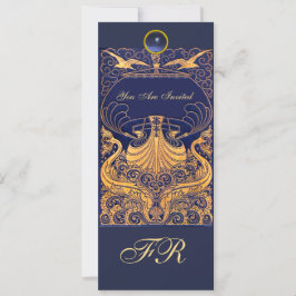 Convite Vaso Antigo,Golfinhos,Amarelo,Monograma Azul-Marin