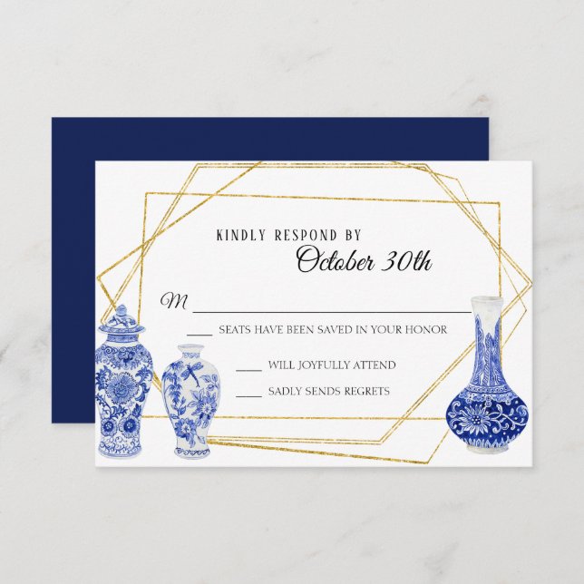 Convite Vaso Antigo Moderno Azul Marinho Dourado Pote Ging (Frente/Verso)