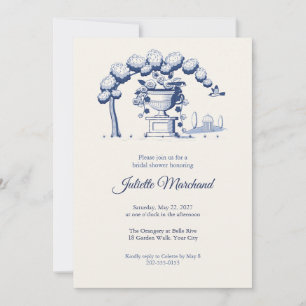Convite Vaso de Jardim Toile Azul Francês para Chá de Noiv