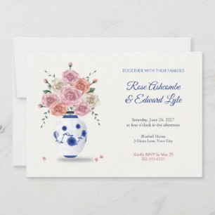Convite Vaso de Porcelana Azul e Branco e Rosas Casamento