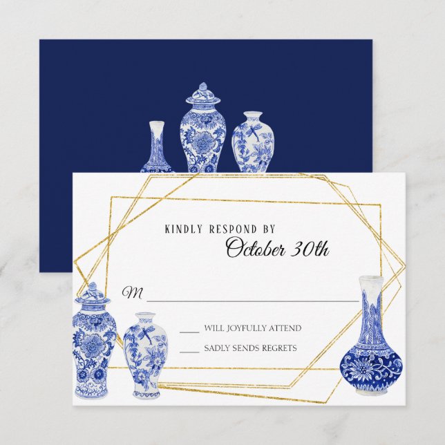 Convite Vaso de Porcelana Chinês Azul Naval Dourado Modern (Frente/Verso)