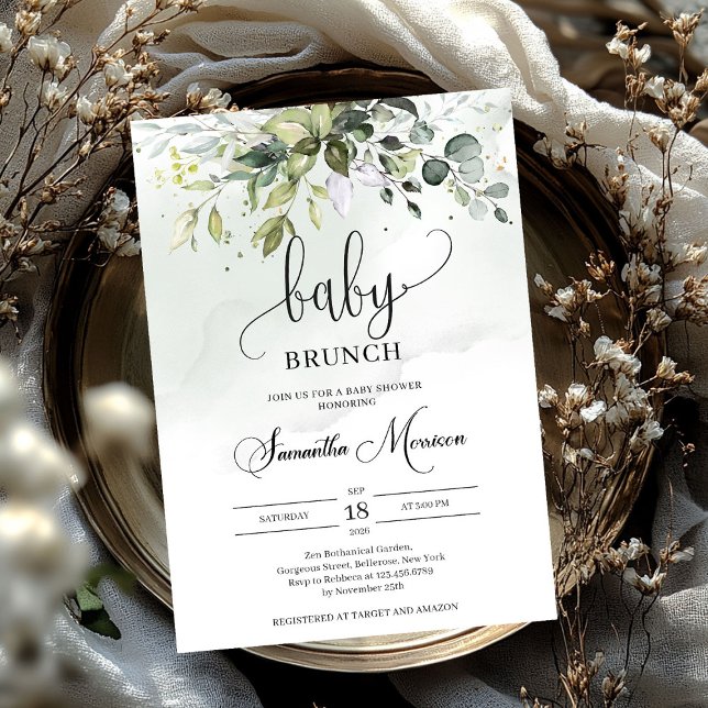 Convite Vassoura-de-dourada de folhagem elegante (Elegant typography greenery foliage baby brunch invitation)